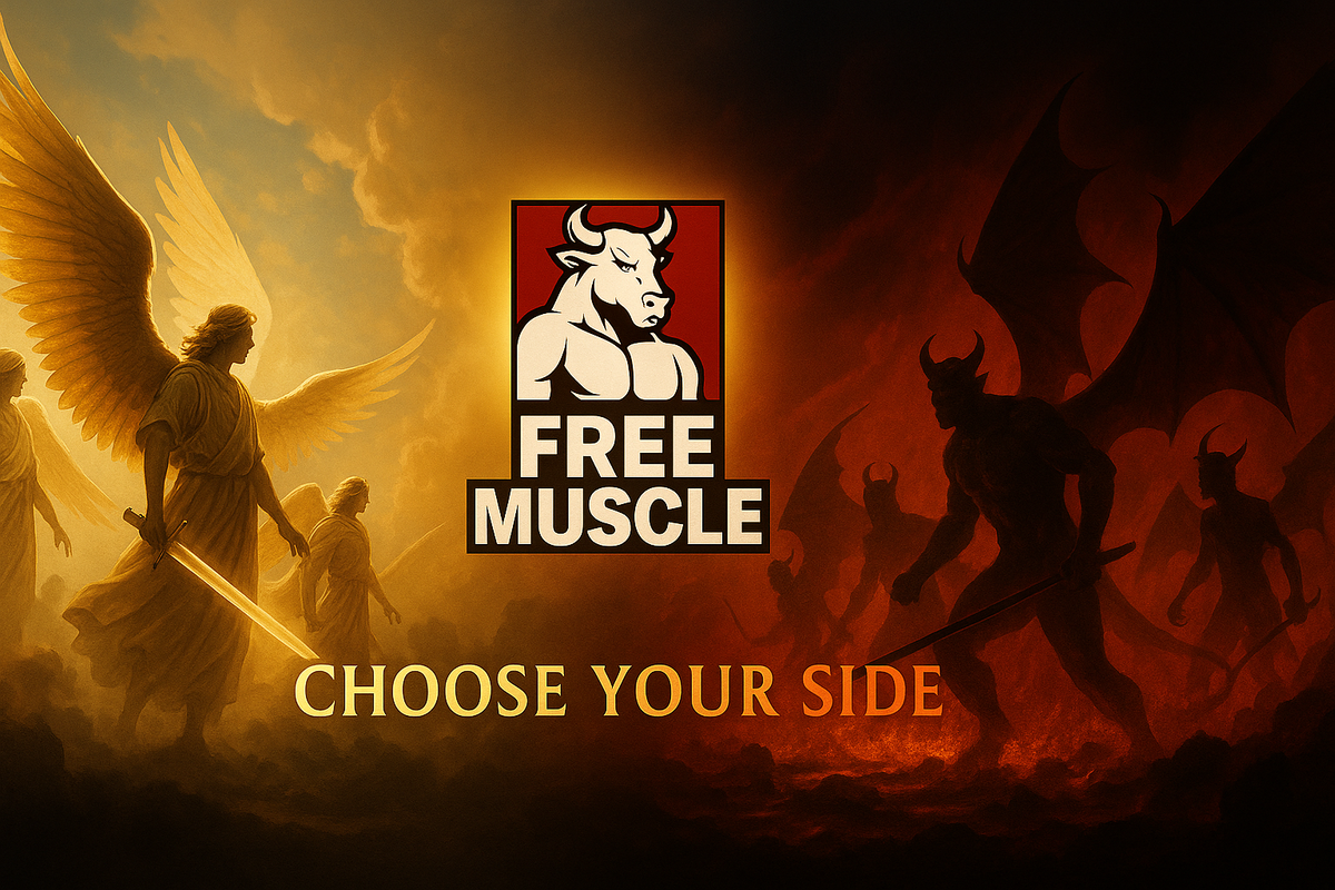 Free Muscle promotional banner with bull logo and glowing angel versus demon artwork