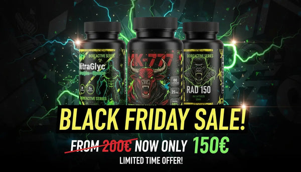 Free Muscle Bioreactive Bundle, NitraGlyc, MK-777 and RAD-150 bottles on a Black Friday sale banner