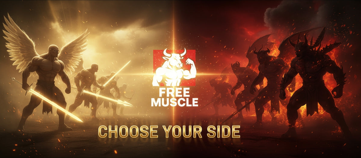 Free Muscle Choose Your Side brand banner with angel and demon silhouettes