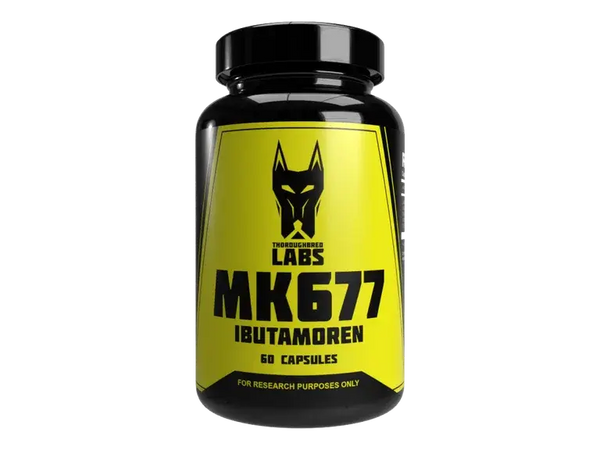 MK-677 Ibutamoren 12.5mg, 60 capsules, shown in a Thoroughbred Labs MK677 bottle